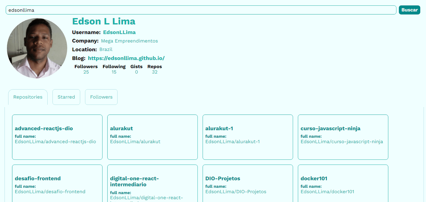 Imagem dos repositórios do github junto ao usuário pesquisando, demosntrando o uso do projeto